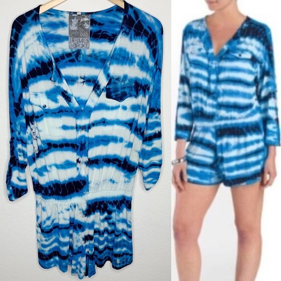 Young Fabulous & Broke Pants - Young Fabulous & Broke 'Malik' Utility Blue Tie Dye Roll Tabbed Sleeves Romper